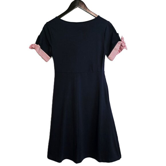 NWT ONZE MONTREAL Navy Blue & Red & White Striped Cuffs Dress Size Small - Picture 2 of 7